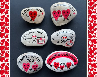 Hand-painted heart stones, Smiling love you hearts, Sending a hug, Always with you, Congratulations pocket pebbles, Gift tag option