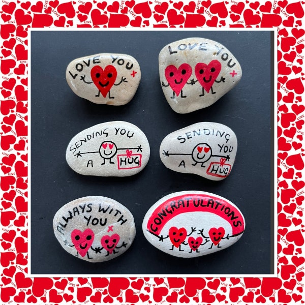 Hand-painted heart stones, Smiling love you hearts, Sending a hug, Always with you, Congratulations pocket pebbles, Gift tag option