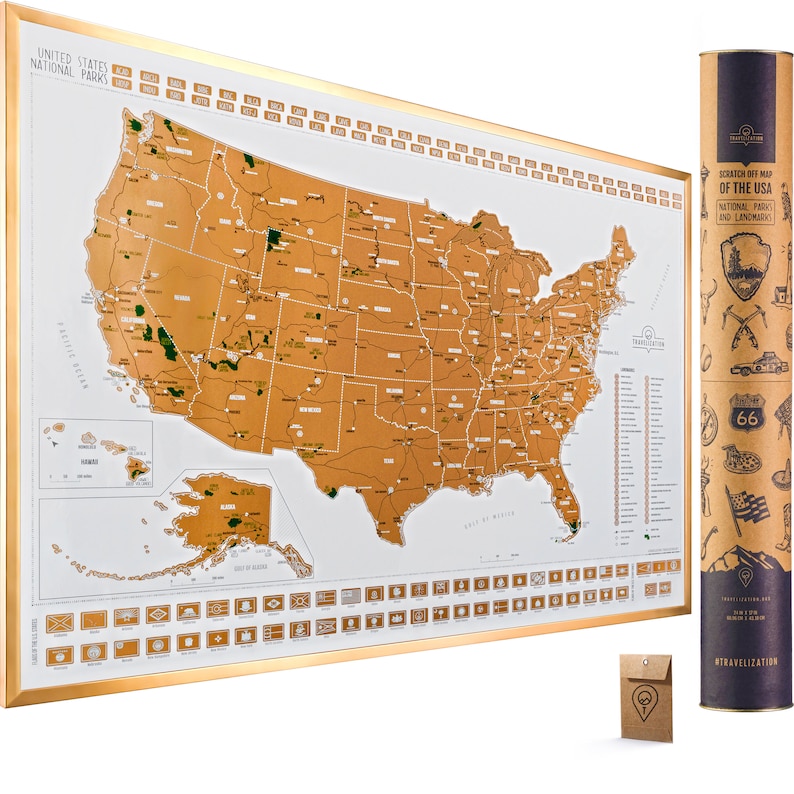 May include: A gold scratch-off map of the United States featuring a list of national parks and landmarks. The map is framed in gold and comes with a small brown envelope containing a pin. The map is rolled up in a brown tube with a label that reads "Scratch Off Map of the USA National Parks and Landmarks".