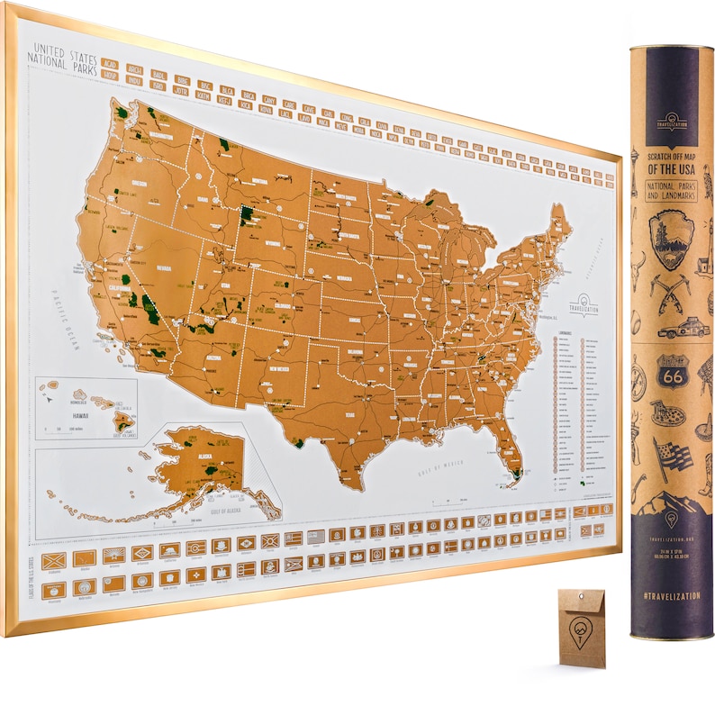 Scratch Off Map of the United States National Parks 24x17 Scratch-Off USA Map Poster National Parks, Landmarks, Highest Peaks, State Flags White