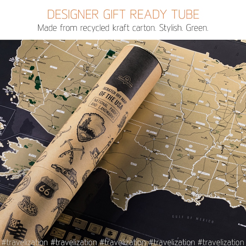 May include: A brown cardboard tube with a gold map of the United States on it. The map is a scratch-off map with the text "Scratch Off Map of the USA National Parks and Landmarks". The tube is rolled up and has a brown paper label with the text "Route 66" on it.