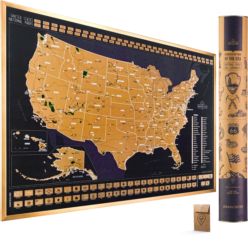 May include: A gold foil scratch-off map of the United States with a black background. The map shows all of the national parks and landmarks. The map is rolled up in a tube with a brown and gold design. The tube has the text "Scratch Off Map of the USA National Parks and Landmarks" and "#TRAVELIZATION".