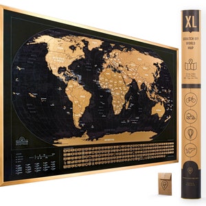 XL Scratch Off Map of The World with Flags 36x24 Easy to Frame Scratch Off World Map Wall Art Poster with US States & Flags for Travelers Black