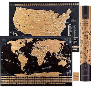 May include: Two scratch-off maps, one of the world and one of the United States, with gold foil accents on a black background. The maps are rolled up and ready to be displayed. The maps are part of a travel-themed set.