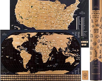 Scratch Off Map of the World & US National Parks Map 2 in 1 - Large 24x17 Quality Laminated Posters with Flags