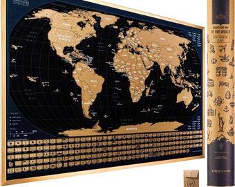 Scratch Off Map of The World with Flags - 24 x 17 Easy to Frame Scratch Off World Map Wall Art Poster with US States & Flags