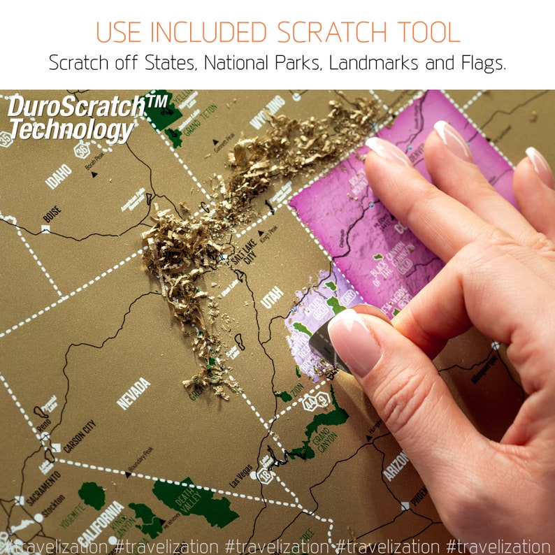 May include: A gold scratch-off map of the United States with a hand holding a tool to scratch off the gold foil. The map shows states, national parks, and landmarks. The text "DuroScratch&trade; Technology" is at the top of the map.