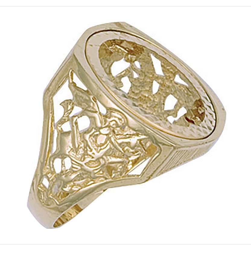 thumbnail interactive-video image 1 of 9ct Solid Yellow Gold Half Sovereign Ring Mount – Lattice Bezel Setting – UK Hallmarked 1 of 4