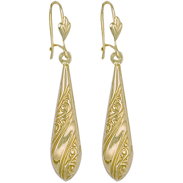 9ct Gold Dangle Drop Oval Engraved Earrings Ladies 30mm Real 9ct Gold Gift Boxed