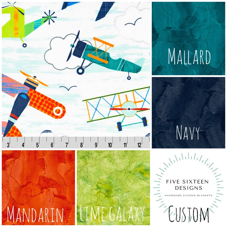 May include: A fabric design featuring colorful airplanes on a white background with blue brushstrokes. The image also shows swatches of textured fabric in teal, navy, orange, and lime green, with the words "MALLARD", "NAVY", "MANDARIN", and "LIME GALAXY".
