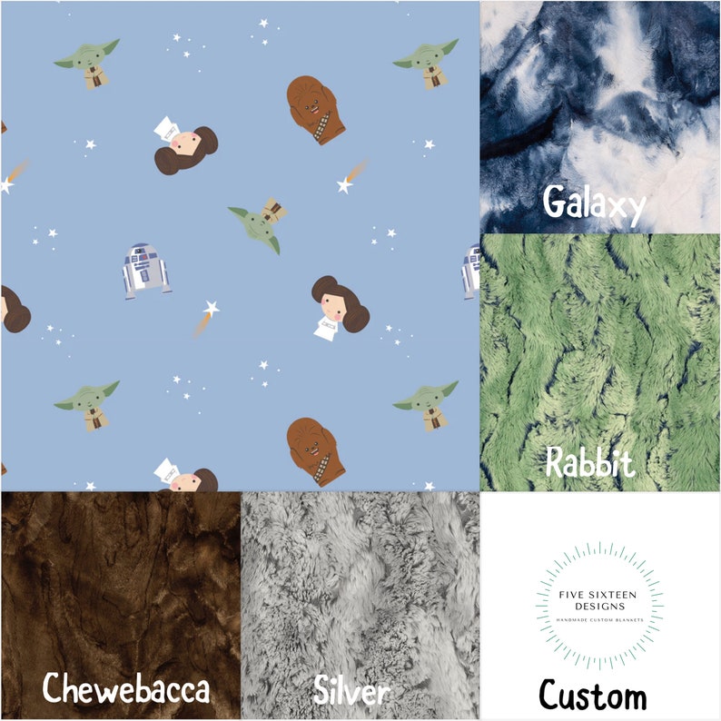 May include: A collection of custom blankets with various designs. One blanket features a light blue background with cartoon characters, including Yoda, Princess Leia, and Chewbacca. Other blankets have galaxy, rabbit, Chewbacca, and silver textures.