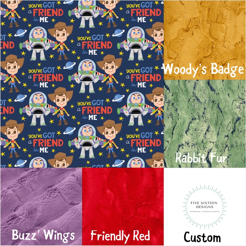 May include: A collection of custom blankets with various textures and designs. One blanket features a navy blue pattern with cartoon characters and the text "YOU'VE GOT A FRIEND IN ME". Other blankets are solid colors: gold, green, purple, and red.
