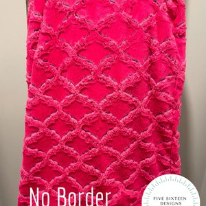 May include: A vibrant pink blanket with a textured, diamond-patterned design. The blanket is displayed on a wooden ladder. The text "No Border" is visible. The blanket is from Five Sixteen Designs, handmade custom blankets.