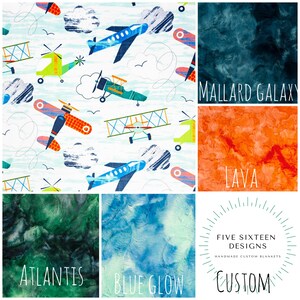 May include: A collage of fabric swatches and a logo. One swatch features a pattern of colorful airplanes and clouds on a light blue background. Other swatches include textured fabrics in shades of blue, orange, and green. The logo reads "Five Sixteen Designs, Handmade Custom Blankets, Custom."