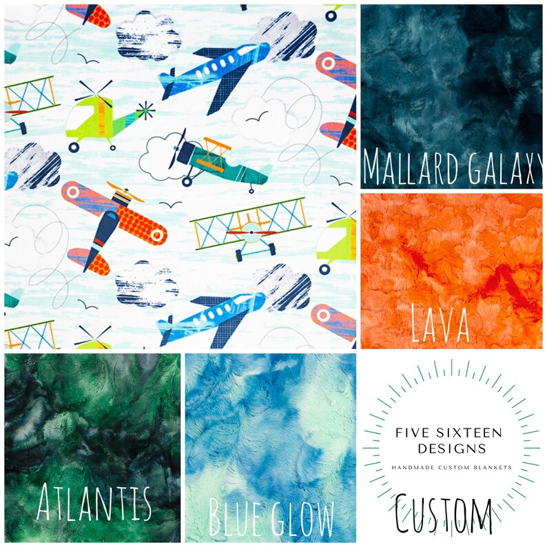 May include: A collage of fabric swatches and a logo. One swatch features a pattern of colorful airplanes and clouds on a light blue background. Other swatches include textured fabrics in shades of blue, orange, and green. The logo reads "Five Sixteen Designs, Handmade Custom Blankets, Custom."