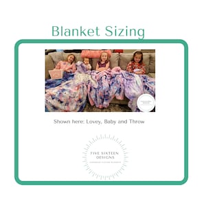 May include: Image showing blanket sizing options: Lovey, Baby, and Throw. The blankets feature colorful designs and are displayed with children. The text "Blanket Sizing" is at the top, and the brand logo is at the bottom.