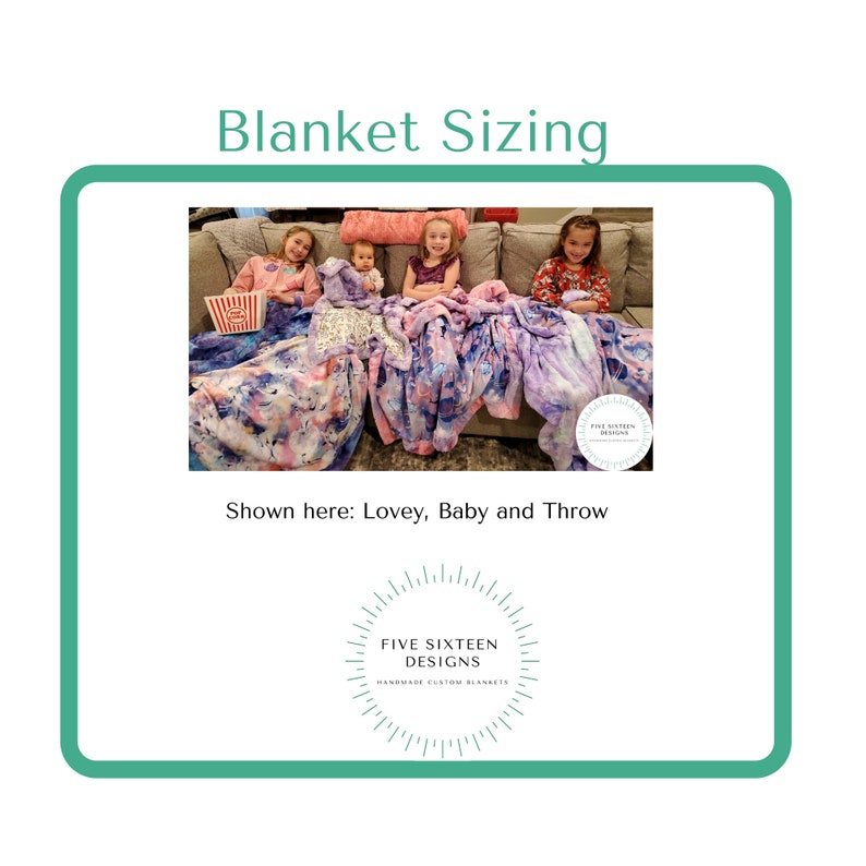 May include: Image showing blanket sizing options: Lovey, Baby, and Throw. The blankets feature colorful designs and are displayed with children. The text "Blanket Sizing" is at the top, and the brand logo is at the bottom.