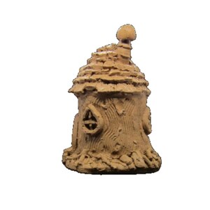 May include: A small, brown, clay fairy house with a rounded roof and a chimney. The house has a small window and is decorated with textured details.