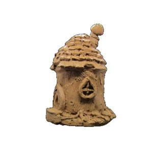 May include: A small, brown, ceramic fairy house with a rounded roof and a mushroom-shaped chimney. The house has a small window and a door.