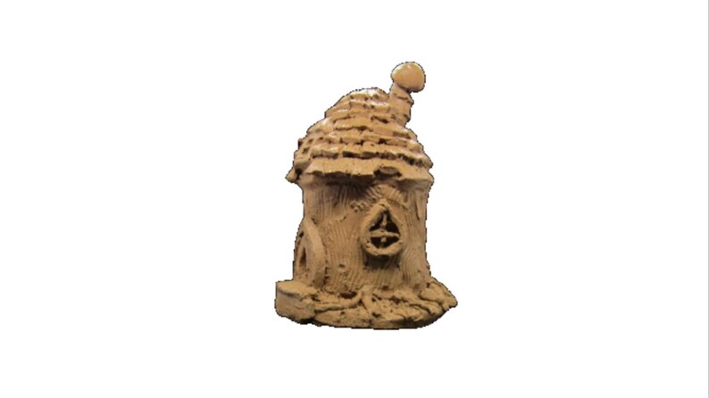 May include: A small, brown, ceramic fairy house with a rounded roof and a mushroom-shaped chimney. The house has a small window and a door.