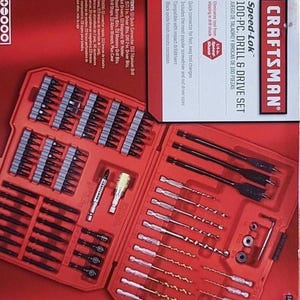 May include: A Craftsman Speed-Lok 100-piece drill and drive set in a red case. The set includes various drill bits, driver bits, nut drivers, and a magnetic bit holder. The case has a quick connector for fast tool changes.
