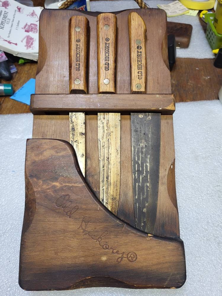 VINTAGE Old Hickory Knife Set and Hanging Block. Only 3 Knives in This 4  Pc. Set. 