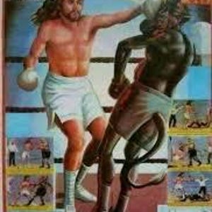 May include: A vintage poster depicts a boxing match between a muscular figure in white shorts and a horned, dark-skinned figure. The poster includes additional smaller images and text, set against a backdrop of a boxing ring and a blue sky.