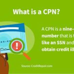 Op de afbeelding: Illustratie met tekst: "Wat is een CPN?" en "Een CPN is een negencijferig nummer dat is opgemaakt als een SSN en wordt gebruikt om illegaal krediet te verkrijgen." Een vergrootglas en een meter zijn ook afgebeeld.