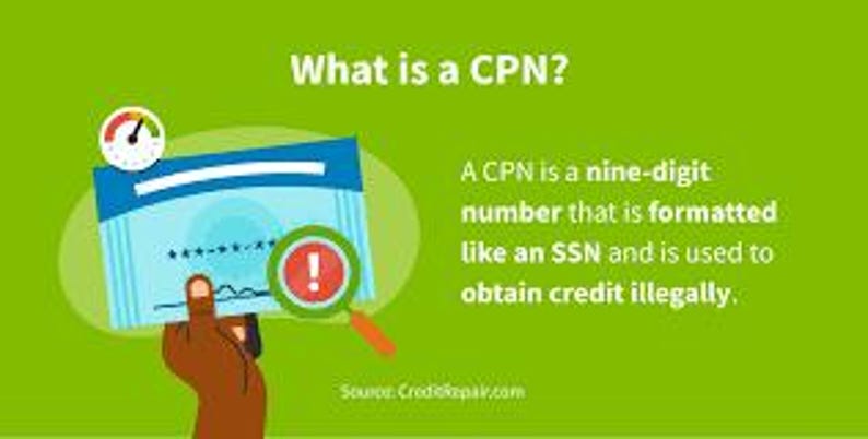 Op de afbeelding: Illustratie met tekst: "Wat is een CPN?" en "Een CPN is een negencijferig nummer dat is opgemaakt als een SSN en wordt gebruikt om illegaal krediet te verkrijgen." Een vergrootglas en een meter zijn ook afgebeeld.
