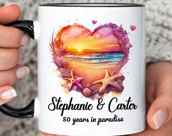 Personalized 50th Anniversary Mug: Beach Sunset Ceramic Coffee Cup