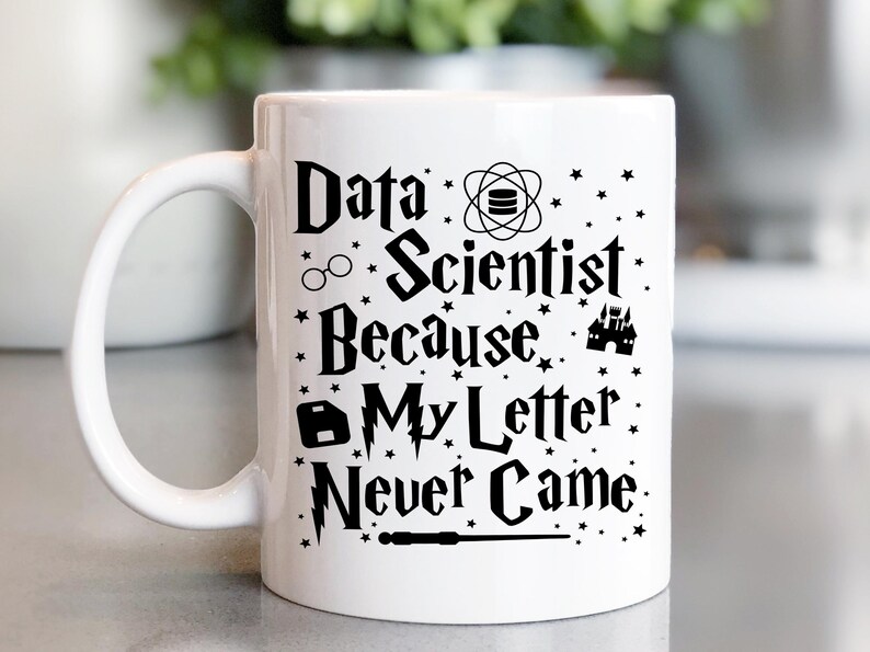 May include: White ceramic mug with a black design that reads "Data Scientist Because My Letter Never Came." The design includes a wizard's hat, glasses, a wand, and a castle.