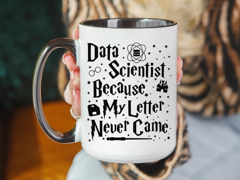 May include: White ceramic mug with a black rim and handle. The mug has a black design that says "Data Scientist Because My Letter Never Came" with various symbols including a pair of glasses, a database symbol, a castle, and a wand.