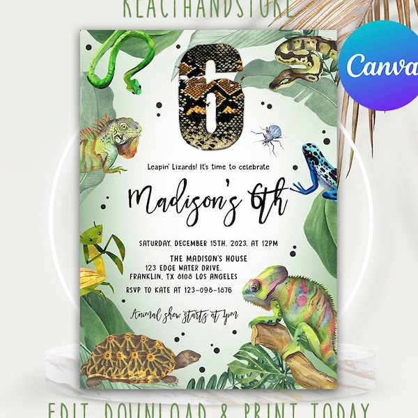 Invitation d’anniversaire de reptile, invitation pour la fête d’anniversaire de reptile, invitation numérique de reptile, téléchargement instantané d’animal, reptile