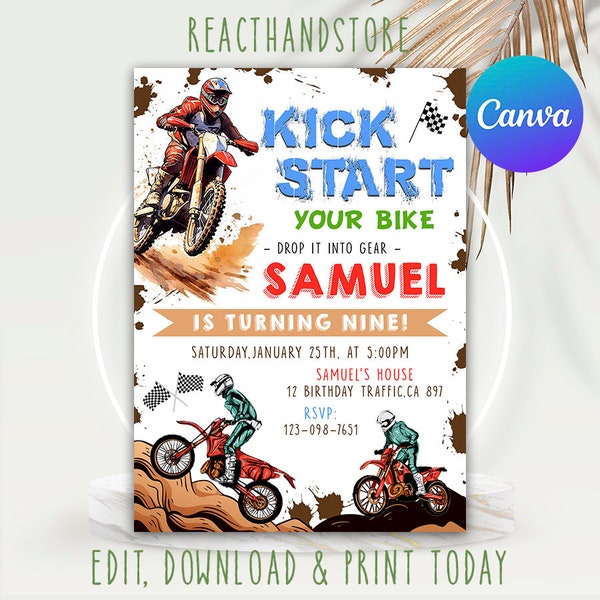 Editable Motorbike Invitation, Dirt Bike Birthday Party Invitation, Motorcycle Invitation, Editable with Canva, Motorbike Invite