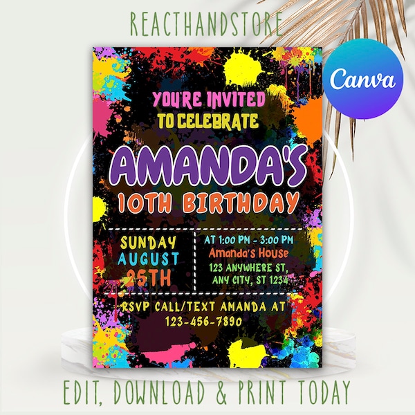 Neon Birthday Party Invitation, Girl Neon Glow Birthday Invitation, Neon Splatter Invitation, Art Neon Birthday Invitation