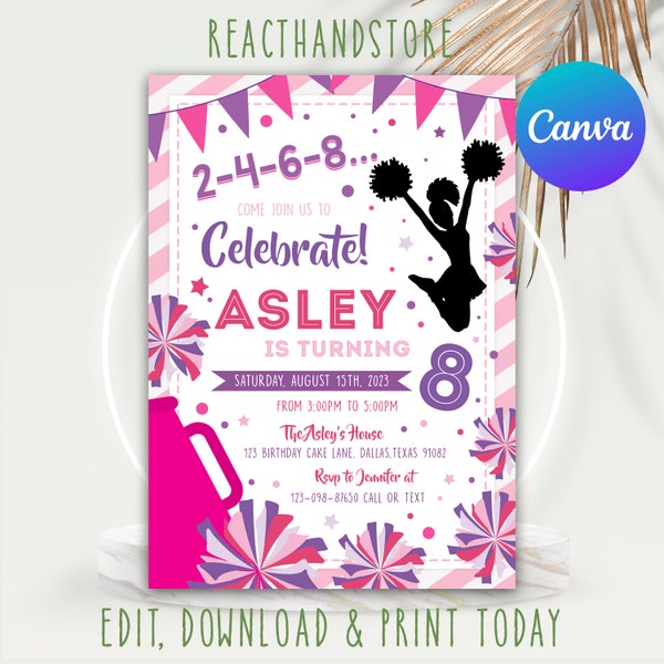 Girl Cheerleader Invitation, Printable Cheer Birthday Invite, Team Tailgate Game ,Time Girl, Sibling Birthday, Girl CheerleaderEdited Canva