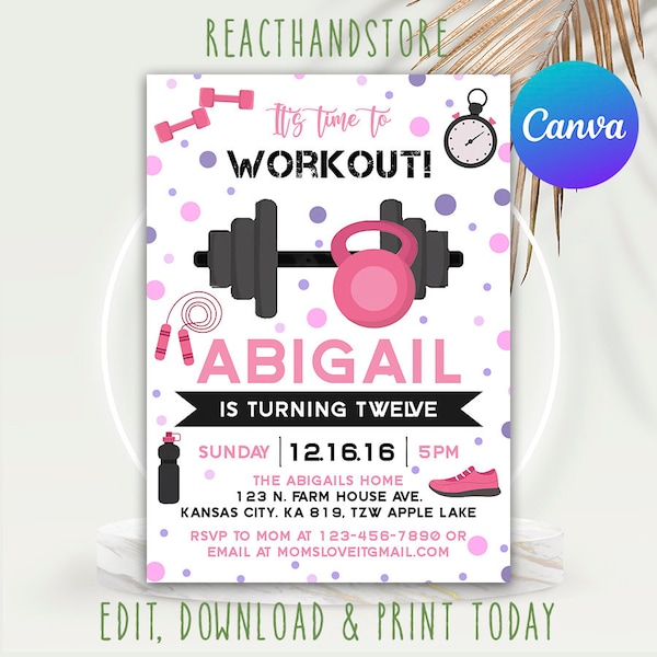 Fitness Girl Invitation, Gym Girl Birthday Invitation, Sport Girl Invitation, Sport Birthday Invitation