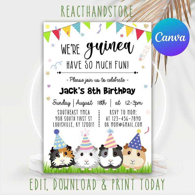 Guinea Pig, Invitation, Guinea Pig Birthday Invitations, Editable ...