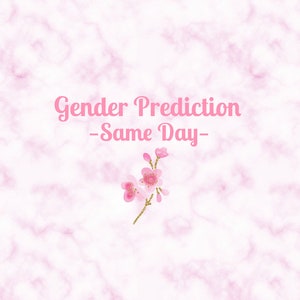 May include: Pink and white marble background with the text "Gender Prediction - Same Day" in pink text. A small pink flower with gold glitter accents is in the center of the image.