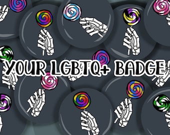 Skeletal hand badge in the colors of LGBT (gay/lesbian/trans/bi/pan/asexual/agender/non-binary) flags