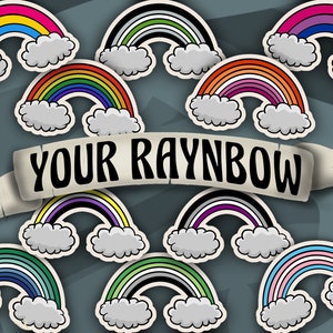 Op de afbeelding: Een verzameling regenboogstickers met verschillende kleurenschema's, elk gecombineerd met een pluizige wolk. Een banner over de afbeelding leest "YOUR RAYNBOW". De stickers zijn ontworpen met een verscheidenheid aan pride vlag kleuren.