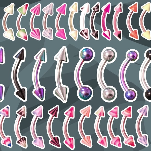 82 models - Curved bar piercing - Curved rod - (arch, eyebrow, lip) - 0.9 cm and 1.2 cm long - 1.2 mm in diameter - Sheet 2/2