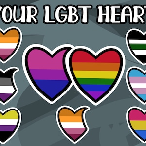 Adesivos em formato de coração que se complementam, nas cores das bandeiras LGBT (gay/lésbica/trans/bi/pan/assexual/agênero/não binário)