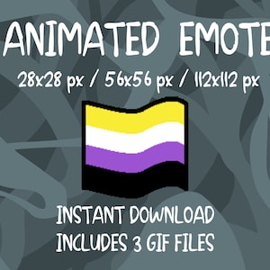 Puede incluir: Emoticono animado de una bandera amarilla, blanca y morada con un borde negro. La bandera ondea y el texto "ANIMATED EMOTE" está por encima de la bandera. El texto "28x28 px / 56x56 px / 112x112 px" está debajo de la bandera. El texto "INSTANT DOWNLOAD" está debajo del texto sobre el tamaño del emoticono. El texto "INCLUDES 3 GIF FILES" está debajo del texto sobre la descarga.