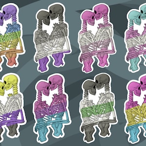 Stickers autocollants en forme de squelettes enlacés aux couleurs des drapeaux LGBT gay /lesbien /bi /asexuel /agenre /non-binaire /trans..)