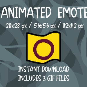 以下が含まれることがあります： 中央に紫色の円がある黄色の旗のアニメーション絵文字。絵文字は3つのサイズで利用できます。28x28ピクセル、56x56ピクセル、112x112ピクセル。画像には「INSTANT DOWNLOAD」と「INCLUDES 3 GIF FILES」のテキストも含まれています。