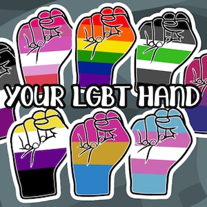 Vuistvormige stickers, in de kleuren van LGBT-vlaggen (homo/lesbisch/trans/bi/pan/aseksueel/agender/non-binair)