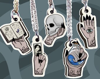 Witch Hand Necklaces - Wooden Pendant - Witch Hand - Skull / Magic Potion / Grimoire / Map / Eye
