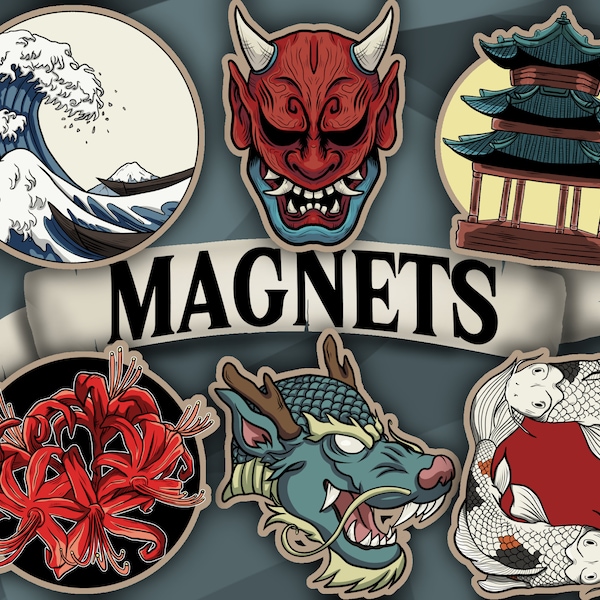 Aimant en bois - Magnet - Old tattoo design - Style Japonais - Poisson - Fleurs - Vague - Masque - Dragon - Bâtiment