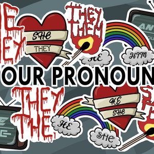 Peut inclure: Une illustration colorée de différentes options de pronoms, notamment "il/iel", "elle/iel", "iel/iel", et "il/elle". L'illustration présente des cœurs, des arcs-en-ciel et un écran de télévision avec le texte "tous les pronoms".